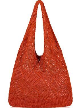 Women's Orange Crochet Beach Mesh Tote Bag Shoulder Lightweight Shopping Handbag